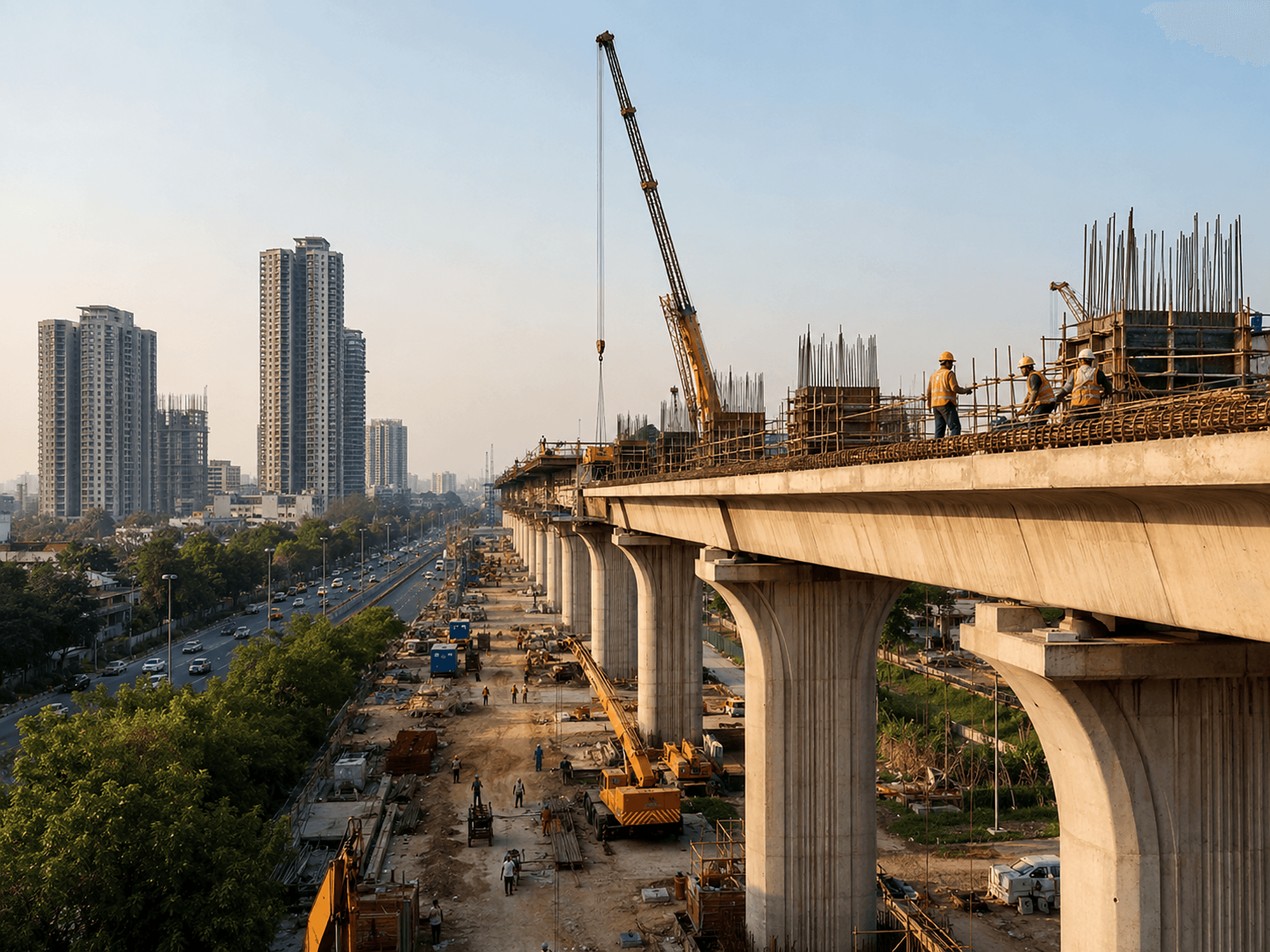 Elevated flyover and metro viaduct under construction with cranes — development and execution.