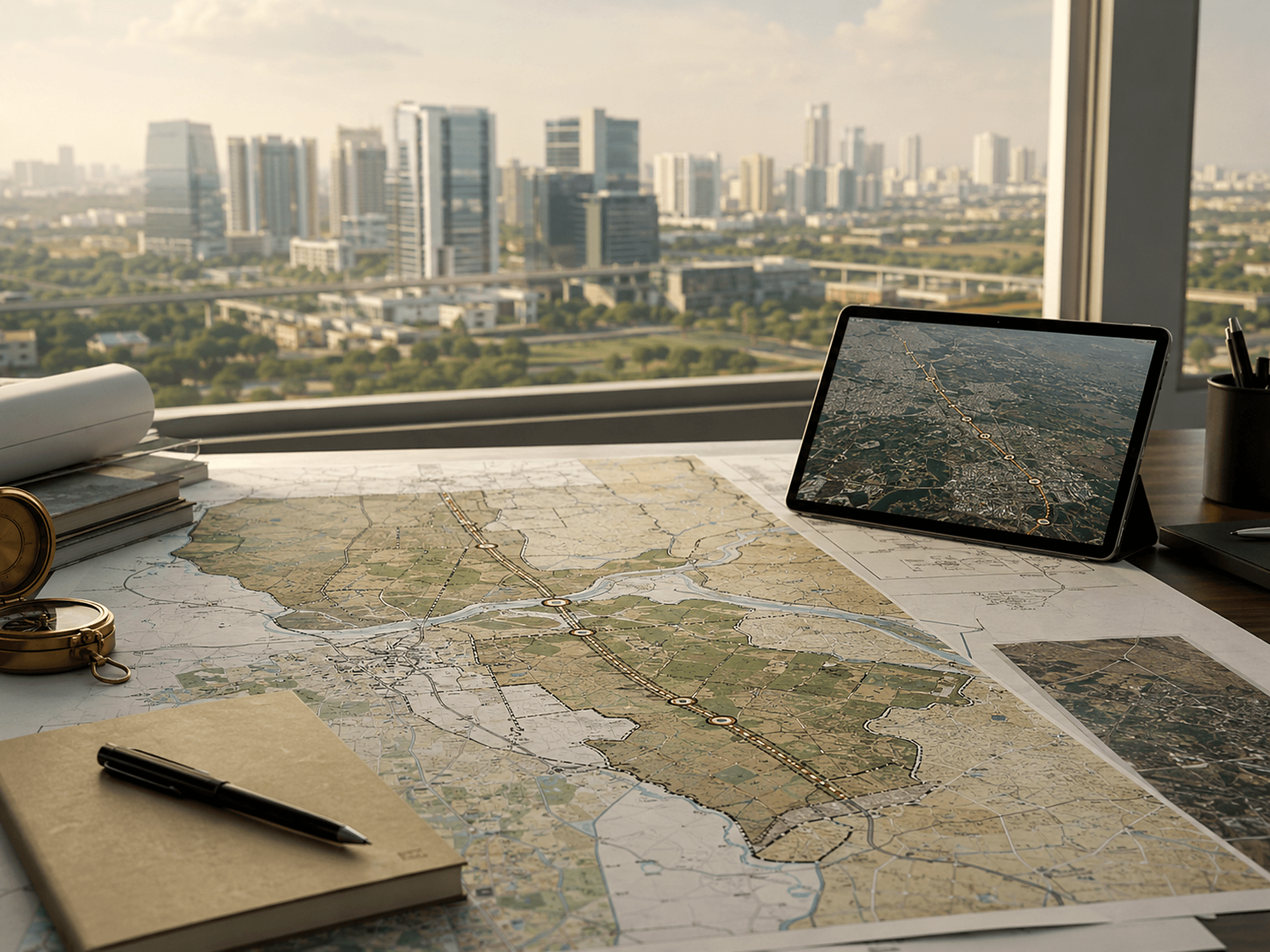 Land development maps and corridor planning over a Gurgaon skyline — opportunity identification.