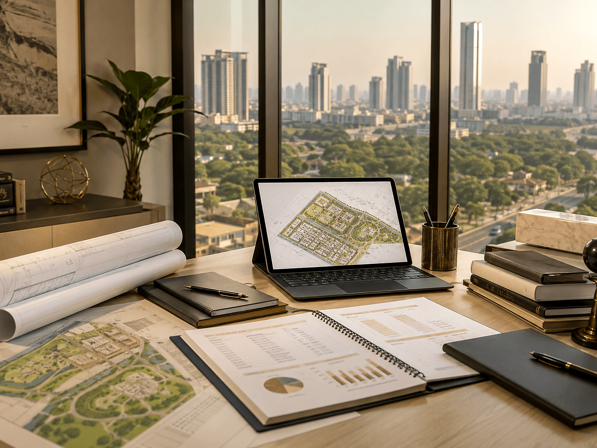 Project planning desk with aerial maps, documents and development blueprints — deal and project structuring.