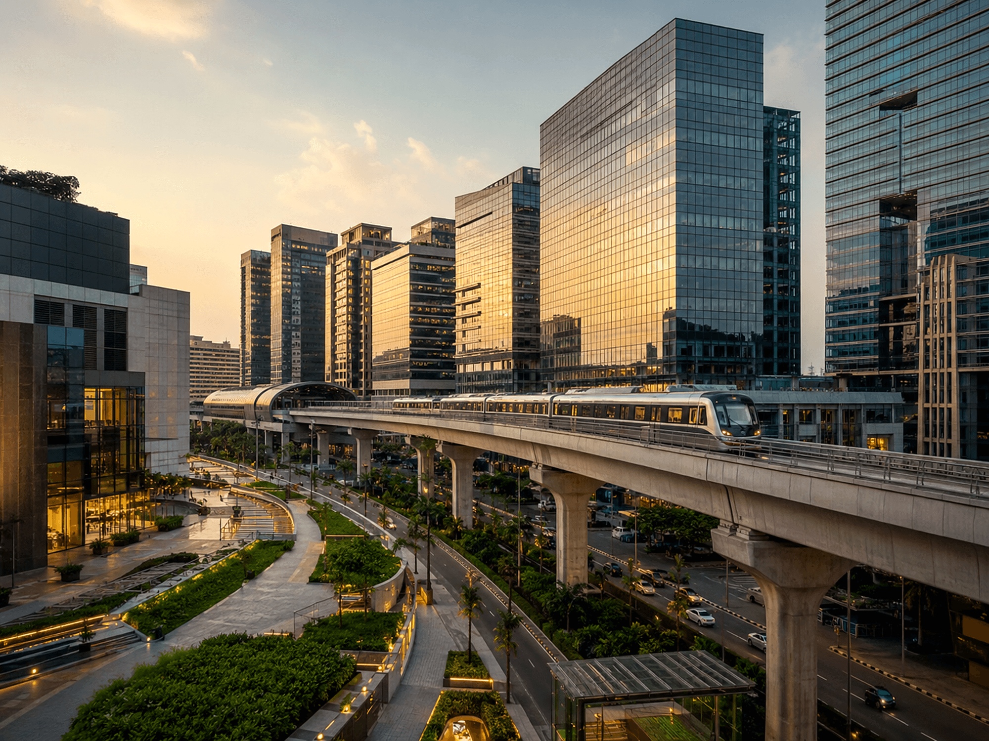 Completed metro line beside a modern commercial skyline at dusk — long-term asset value.