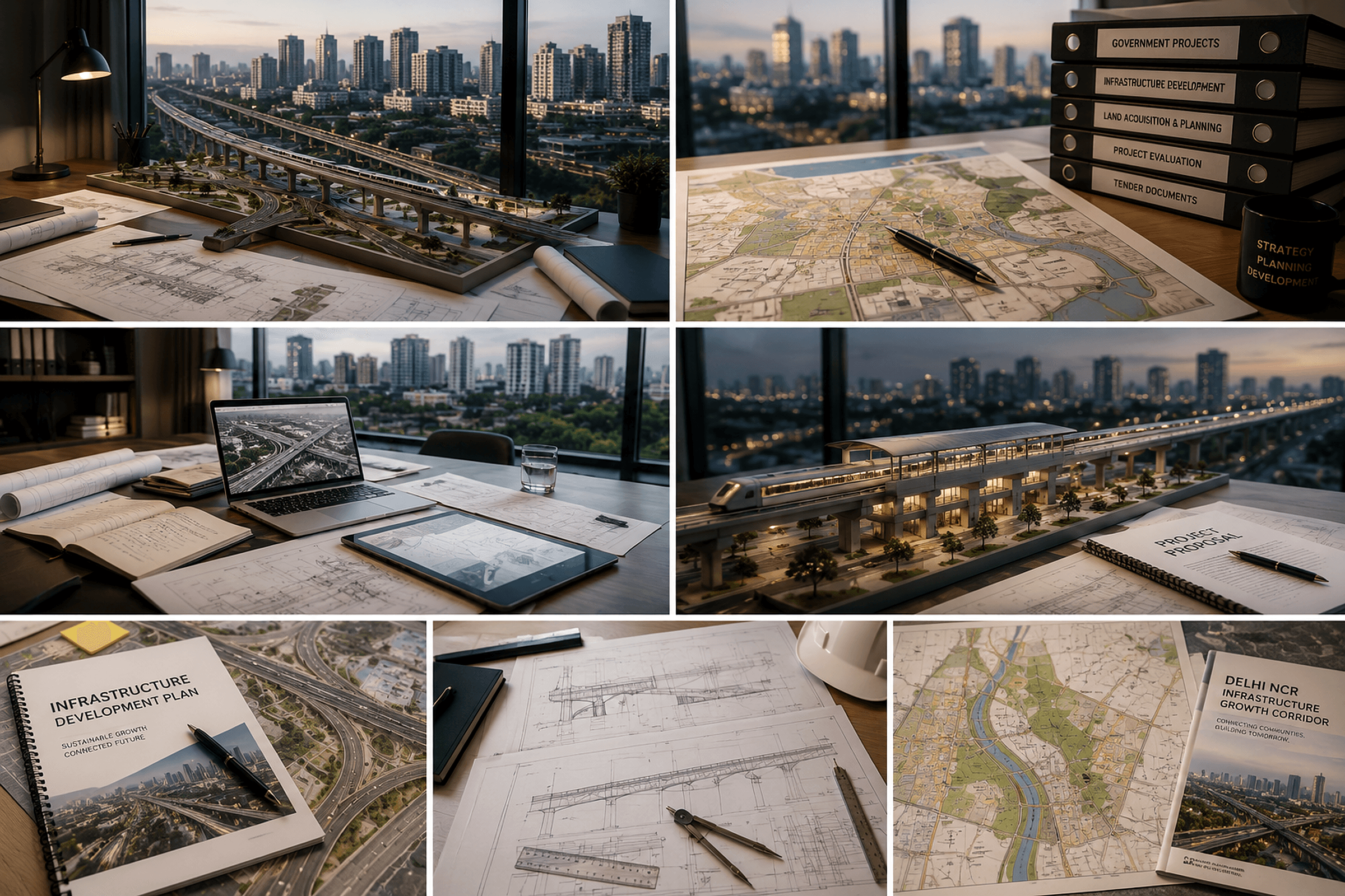 Infrastructure planning workspace — flyover and metro models, development blueprints, project documents and the Delhi NCR growth corridor — development strategy by Fidus Pinnacle Path