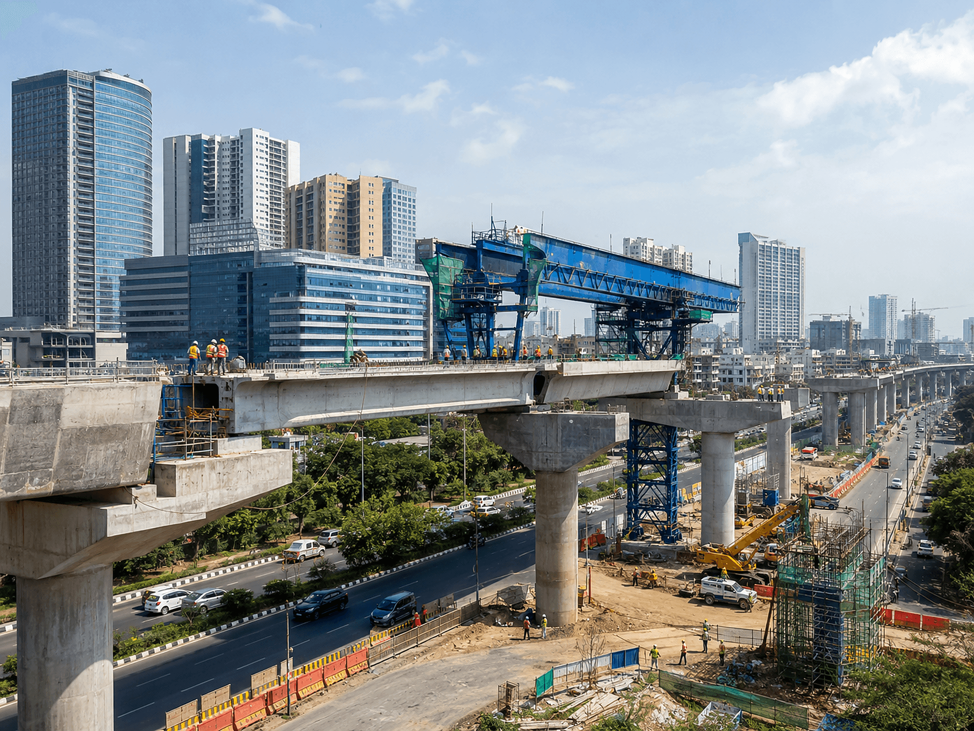 Large-scale elevated metro viaduct under construction with launching girders, cranes and the Gurgaon skyline — government and infrastructure projects.