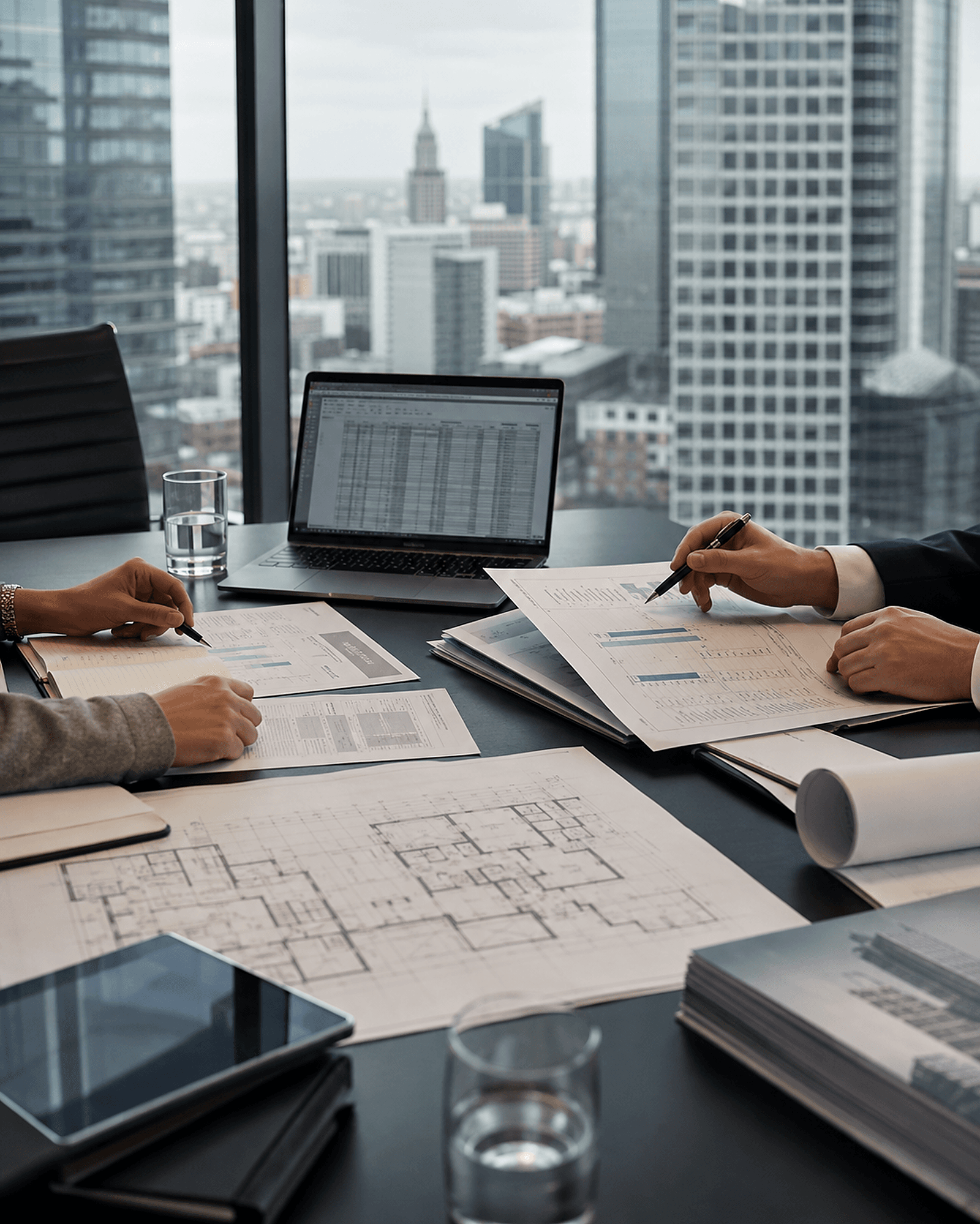 Financial reports, charts and building plans on a boardroom table with a city skyline beyond the window — advisory and project structuring.