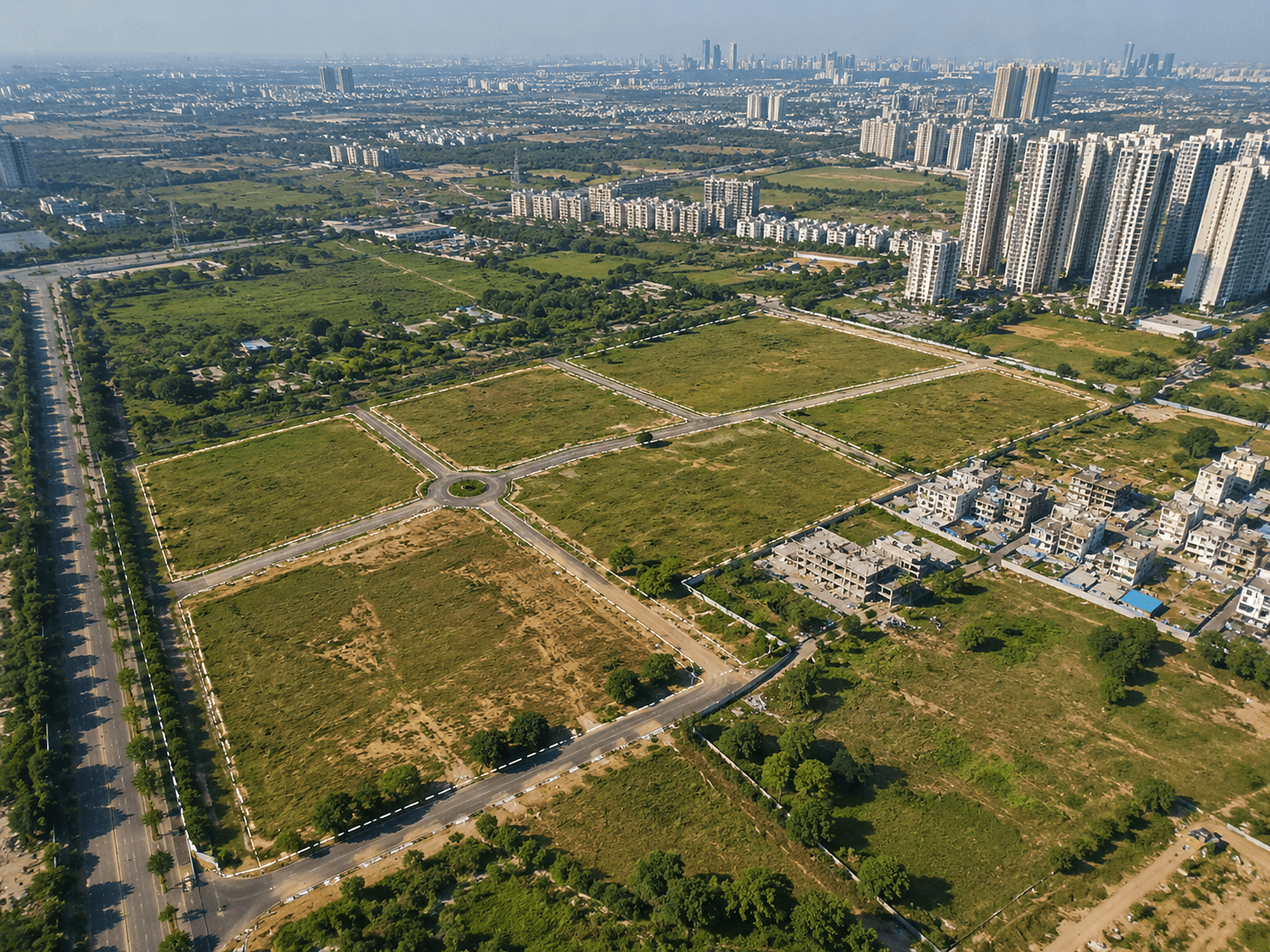 Aerial view of plotted, serviced land parcels with road grids and a developing skyline — strategic land and joint development.