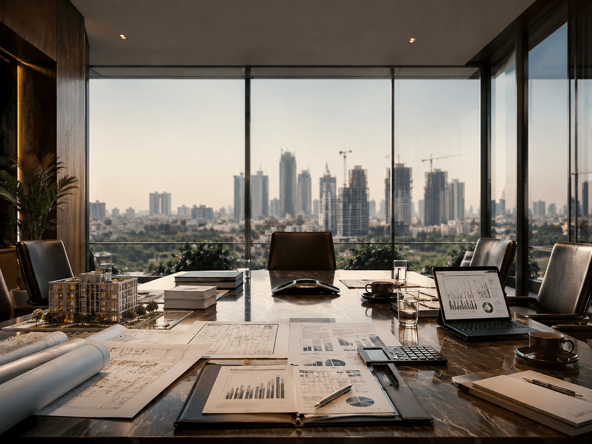Boardroom table with financial reports, charts, a project model and dashboards against a construction skyline — project financing and investment advisory.