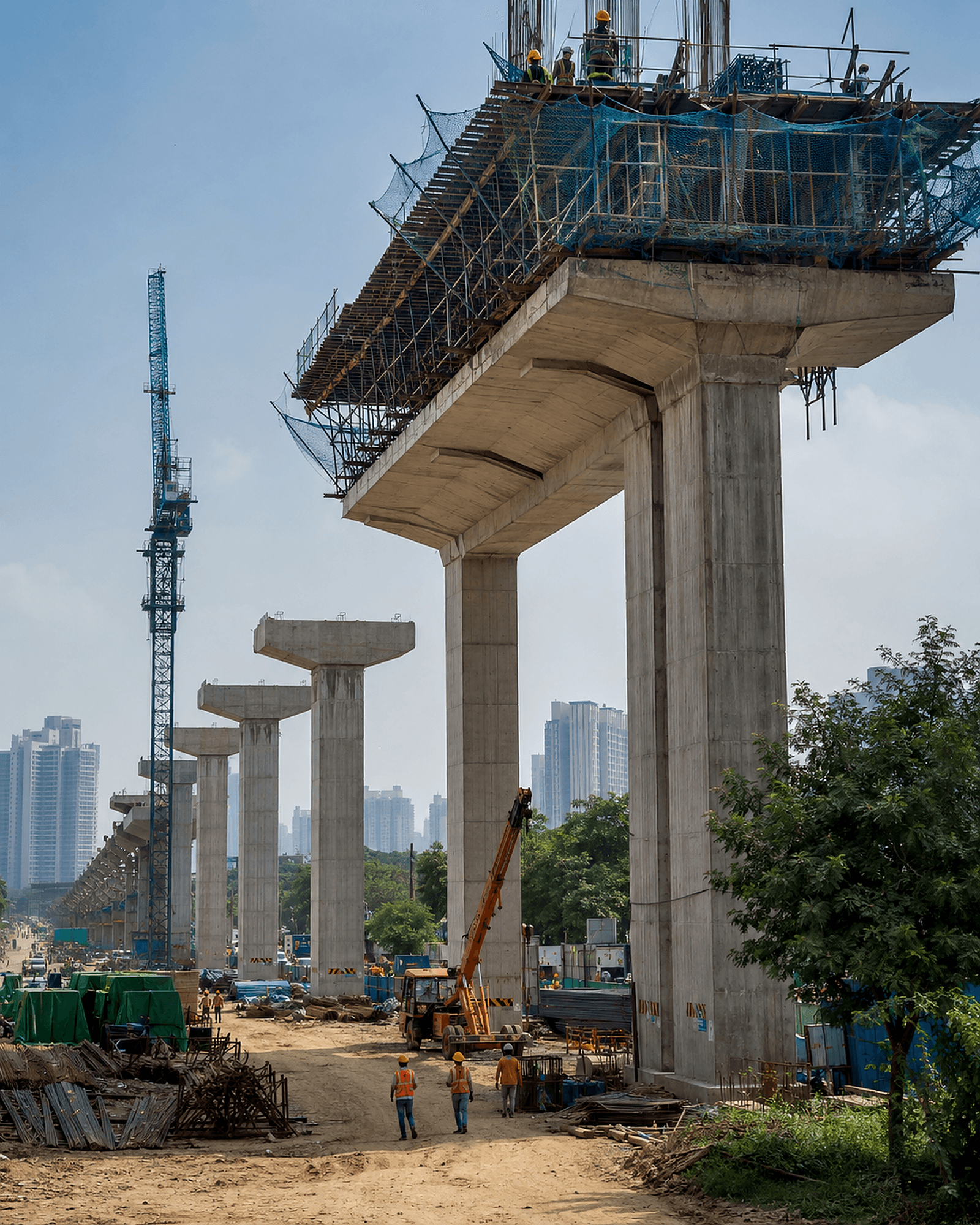 Elevated viaduct under construction with support pillars and a crane on site — infrastructure and government projects.